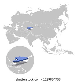 Vector illustration of Kyrgyzstan in blue on the grey model of Asia map with zooming replica of country.