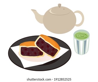 Vector illustration of Kyusu with tea and teacup .　 Imagawayaki　.