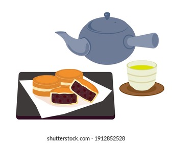 Vector illustration of Kyusu with tea and teacup .　 Imagawayaki　.