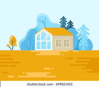 Vector illustration in l flat style - landscape with house and trees