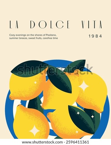 Vector illustration. La Dolce Vita. Lemons on a plate, Positano, Amalfi, Italy poster. Banner, poster, postcard, cover. Modern design.