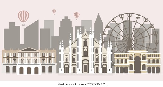 Vector illustration of the La Scala opera house, Milan cathedral and Galleria Vittorio Emanuele II, Italy