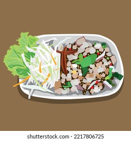 Vector illustration of Laab Moo Recipe - Spicy Pork Salad (Lab Muu) placed in a plate with vegetables on a brown background