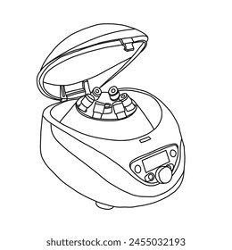 Máquina de centrifugación de laboratorio de Ilustración vectorial dibujado a mano boceto herramientas de laboratorio arte de línea, vista isométrica, aislado sobre fondo blanco, Para niños libro de colorear o ilustración de ciencia.