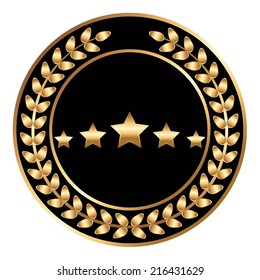 Vector illustration of Label. 5 golden stars. Black background