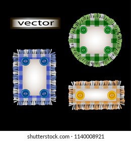 Vector illustration of label banners made of fabric in a cage with buttons and fringe for needlework label design