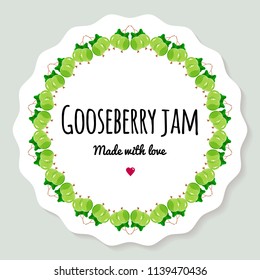 Vector illustration. Label for berry jam. Round frame of gooseberry