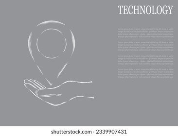 Vector illustration of a label for a card on an outstretched hand. The navigator checks the map. Map location, vector icon on gray background.