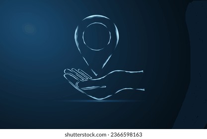 Vector illustration of a label for a card on an outstretched hand. The navigator checks the map. Map location, vector icon on blue background.