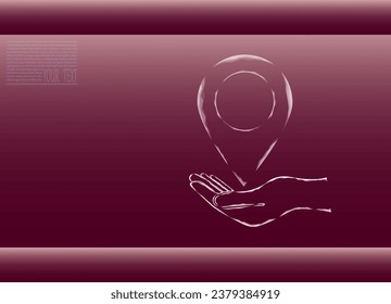 Ilustración vectorial de una etiqueta para una carta en una mano extendida. El navegador comprueba el mapa. Ubicación del mapa, icono del vector en el fondo borgoñón.
