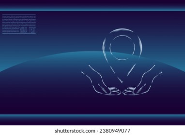 Vector illustration of a label for a card on an outstretched hand. The navigator checks the map. Map location, vector icon on gray background.