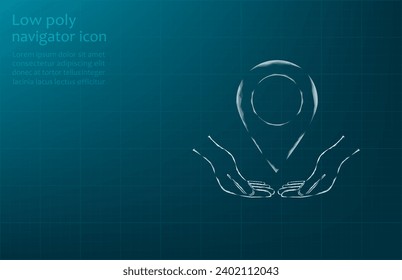 Vector illustration of a label for a card on an outstretched hand. The navigator checks the map. Map location, vector icon on blue background.