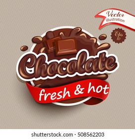 Vector illustration label of chocolate drops and blot with lettering . Sweet and stain and shape.