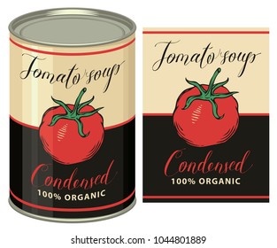 Vector illustration of label for condensed tomato soup with handwritten inscriptions and tin can with this label