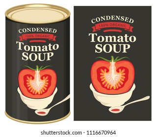 Vector illustration of label for condensed tomato soup with the image of a cut tomato on black background and tin can with this label