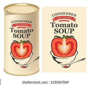 Vector illustration of label for condensed tomato soup with the image of a cut tomato on light background and tin can with this label