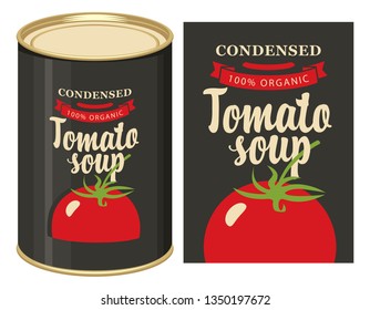 Vector illustration of label for condensed tomato soup with the image of a whole tomato on black background and tin can with this label