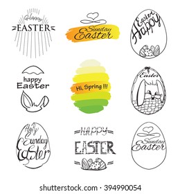 Vector illustration of label elements Easter phrases .Greeting card text templates with Easter eggs and bunny on white background. Happy easter lettering modern calligraphy style.