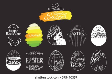 Vector illustration of label elements Easter phrases .Greeting card text templates with Easter eggs and bunny on grey background. Happy easter lettering modern calligraphy style.