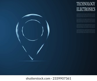 Vector illustration of a label for a map, made up of a technological grid and dots.Navigator pin checking map. Map location, vector icon on dark blue backgroundю