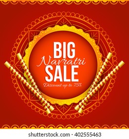 Vector illustration or label  of Navratri celebration big navratri sale offers with dandiya stick background.