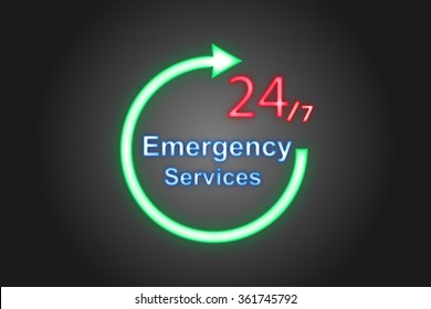 Vector Illustration;  Label Neon 24/7 Emergency Services On A Black Background.