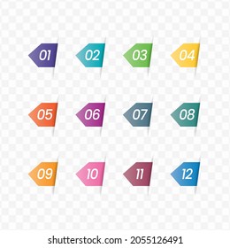 Vektorgrafik von Punkt für die Anzahl der Etiketten-Bullet-Punkte von 1 bis 12 mit transparentem Hintergrund