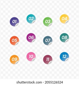 Vector illustration of label  number bullet points from one to twelve with a transparent background (PNG).