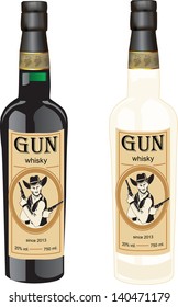 vector illustration label on the bottle with the image of the cowboy with two revolvers in their hands made in shades of brown in the style of vintage