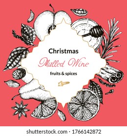 Etiqueta de ilustración vectorial para envasar el acondicionamiento ecológico del vino molido sobre un fondo rojo brillante. Ingredientes para vino caliente de Navidad, extraídos a mano, para empacar frutas secas y especias.