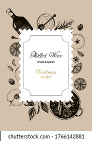 Vector illustration label for packaging organic mulled wine condiment or recipe, menu. Ingredients for hot Christmas wine, hand-drawn in an old style for packing dried fruits and spices.