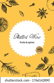 Vector illustration label for packaging organic mulled wine condiment on a bright red background. Ingredients for hot Christmas wine, hand-drawn, for packing dried fruits and spices.