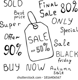 Vector illustration of a label, product label with space for text in Doodle style. Words on the topic of sales, trade, purchases, sales.Can be used for fabric, textiles, paper, Wallpaper, books.
