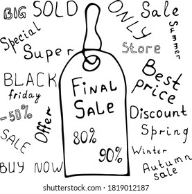 Vector illustration of a label, product label with space for text in Doodle style. Words on the topic of sales, trade, purchases, sales.Can be used for fabric, textiles, paper, Wallpaper, books.