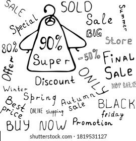 Vector illustration of a label, product label with space for text, hanger, clothes hangers in Doodle style. Words on the topic of sales, trade, purchases, sales.Can be used for fabric, textiles, paper
