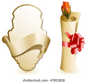 Vector illustration.  Label with ribbon. Paper scroll with red gift bow and rose.