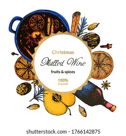 Vector illustration label for set of mulled wine condiment. Ingredients for hot Christmas wine, hand-drawn in color, for packing dried fruits and spices.