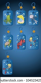 vector illustration of label, sticker print, boy and girl wearing scuba gear among water animals turtle, crab, octopus, jellyfish, background is isolated