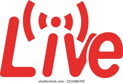 Vector illustration of a label with the word Live and drawing of a radio or television signal. Transmission of a live program.