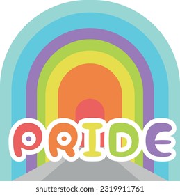 Vector illustration of label with the word PRIDE, in rainbow tunnel background. Rainbow path. Gay and LGBT pride day sticker.