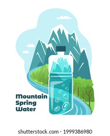 Vector illustration for Labels, Advertising of Pure, Natural, Useful, Mountain, Artesian, Spring, Mineral Water. An enlarged Water Bottle is depicted against Background of Mountains, Nature, Forests.