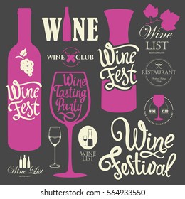 Vector illustration with labels, bottle, glass sketch style. Alcoholic beverages set. Wine festival. Brush calligraphy elements for your design. Handwritten ink lettering.
