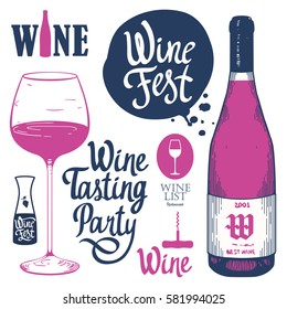 Vector illustration with labels, bottle, glass in sketch style. Alcoholic beverages set. Wine festival. Brush calligraphy elements for your design. Handwritten ink lettering.