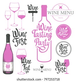 Vector illustration with labels, bottle, glass, corkscrewin sketch style. Alcoholic beverages set. Wine festival. Brush calligraphy elements for your design. Handwritten ink lettering.