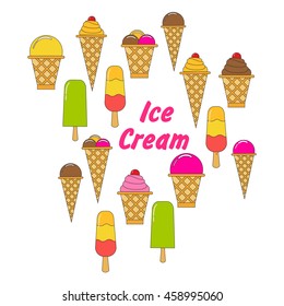 Vector an illustration with labels on which ice cream cone, an eskimo on a stick a wafer cup chocolate. strawberry, vanilla. Design elements for packing, toys, leaflets, banners, labels.