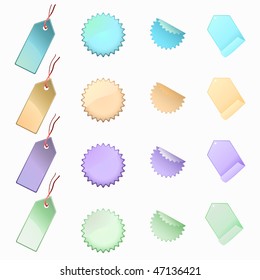 Vector Illustration of labels and tags. Four colors/four shapes.