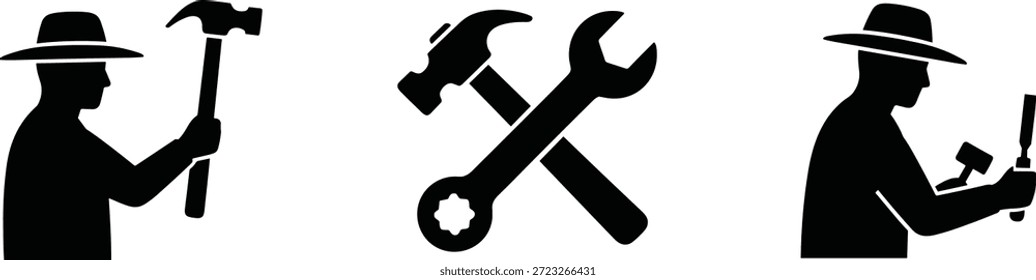 Ilustración vectorial de trabajo y artesanía conjunto de iconos con obrero, martillo, llave, cincel, sombrero, reparación y herramienta símbolosIlustración vectorial de trabajo y artesanía conjunto de iconos con obrero, martillo, llave, cincel, sombrero, reparación y herramienta símbolos