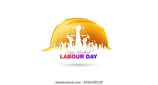 Vector illustration of Labor day. Happy international Labour Day typography with labour workers raised hand for rights and celebration background.