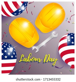 VECTOR ILLUSTRATION FOR LABOR DAY WITH HELMET, WRENCH, BALLOON WITH AMERICAN FLAG ON  BEAUTIFUL CONFETTI BACKGROUND