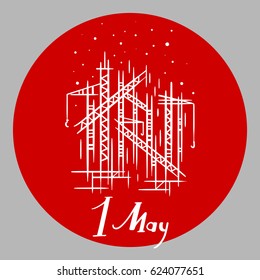 Vector illustration of  Labor Day with text 1 May and cranes on the grey background.